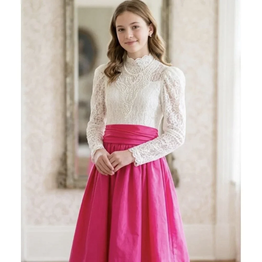 Vintage Dorissa International Nicole Dress Lace Pearls Taffeta Party Hot Pink 14